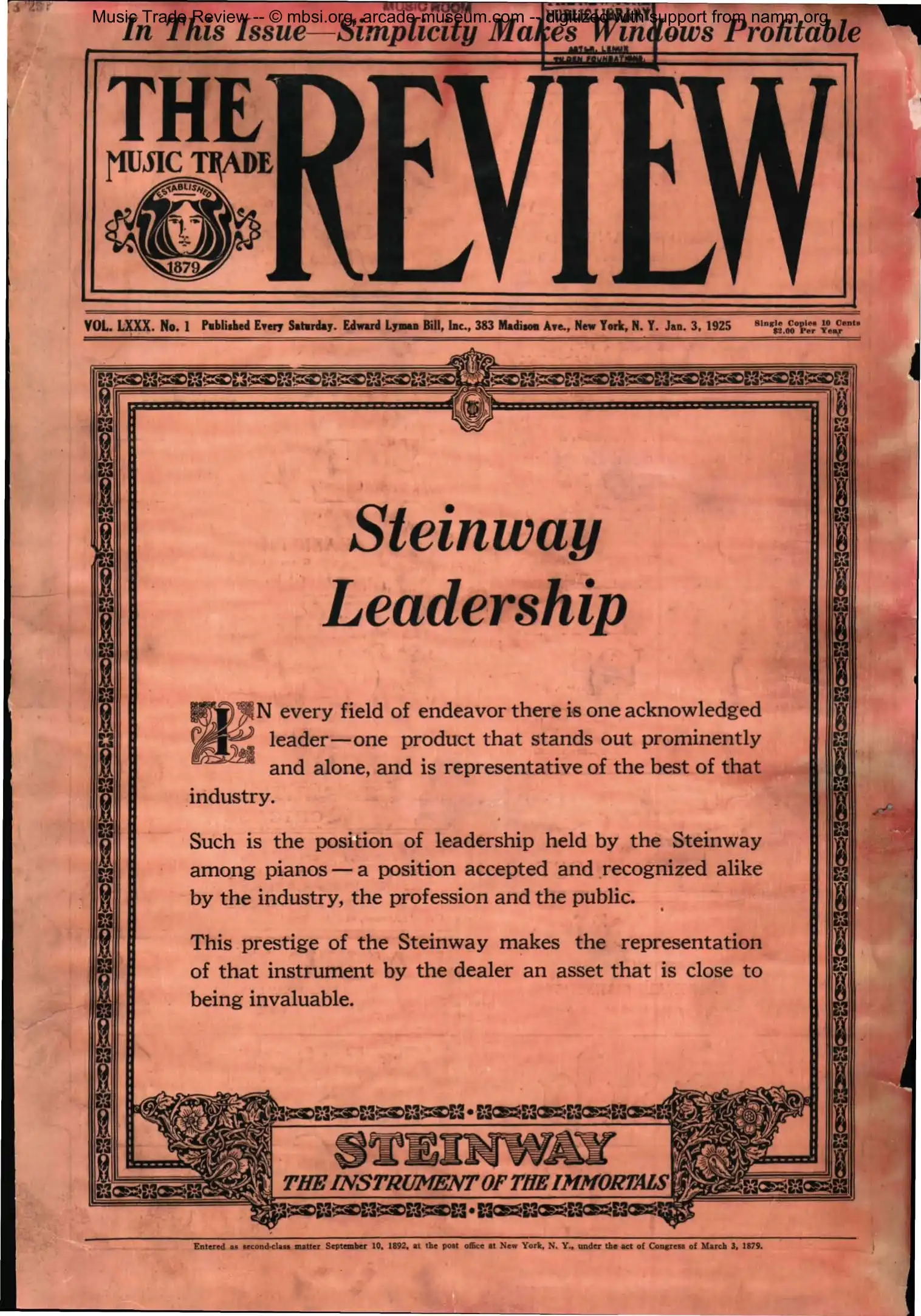 Music Trade Review cover from 1925: The piano trade