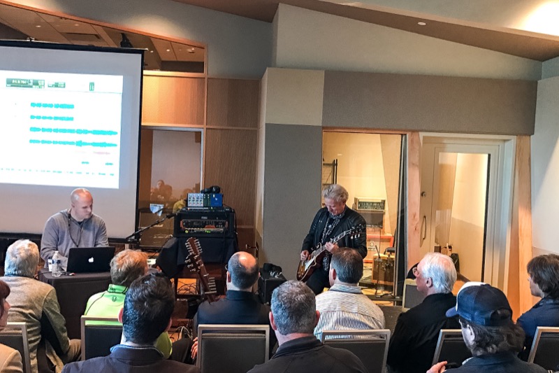 Sweetwater Studio’s Mark Hornsby (left) and Don Felder (right) take workshop attendees through Hotel California during the sold-out Recording Master Class.