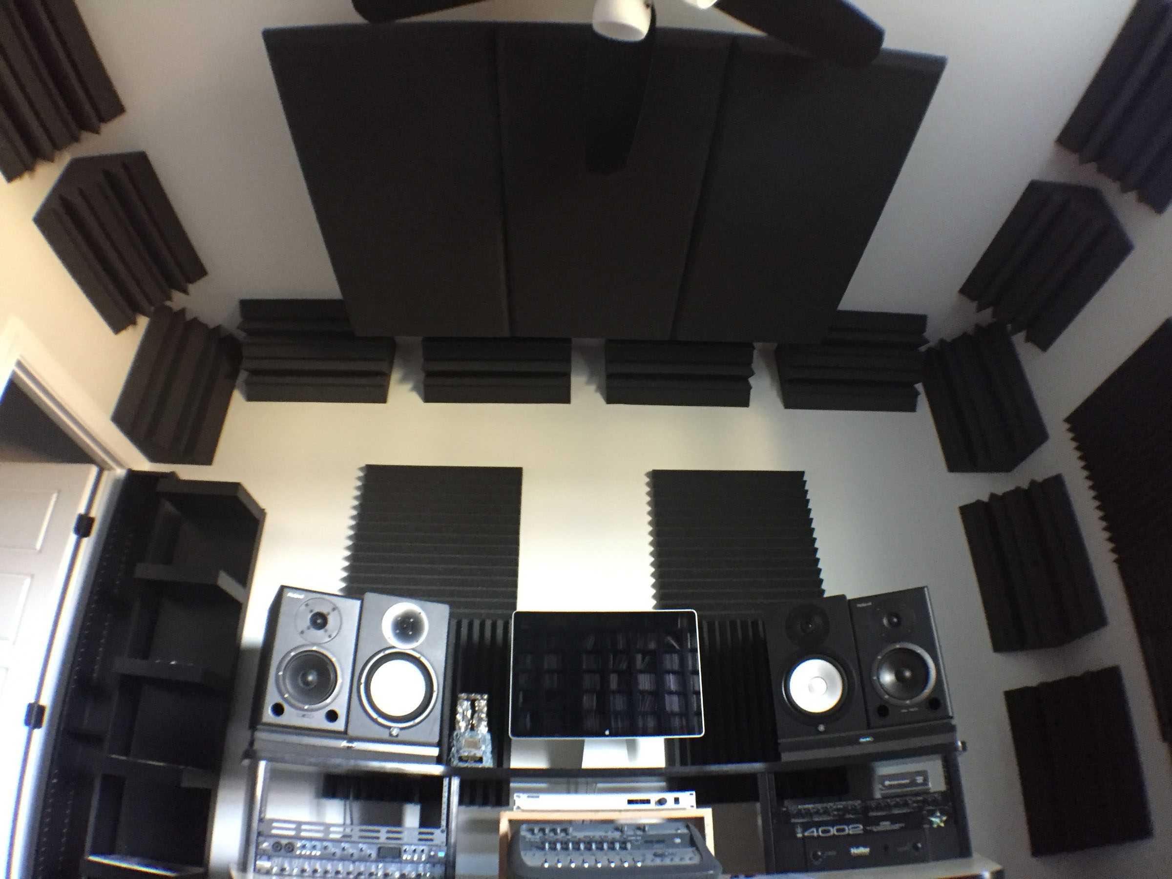 The control center at the drum room/studio of Ray Luzier, outfitted with Auralex® acoustical treatment