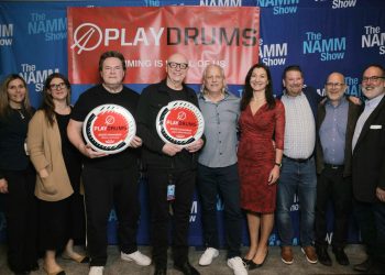 PLAY DRUM member representatives (L-R): Stacey Montgomery-Clark (Sabian), Jennifer Paisley (Alfred Music), honorees Rick Latham and John Wittmann, Play Drums Executive Director Antoinette Follett, David Jewell (Yamaha, retired), David Cywinski (RBI Music), Tim Shahady (Paiste), and Andy Zildjian (Sabian)