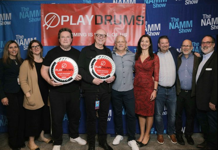 PLAY DRUM member representatives (L-R): Stacey Montgomery-Clark (Sabian), Jennifer Paisley (Alfred Music), honorees Rick Latham and John Wittmann, Play Drums Executive Director Antoinette Follett, David Jewell (Yamaha, retired), David Cywinski (RBI Music), Tim Shahady (Paiste), and Andy Zildjian (Sabian)
