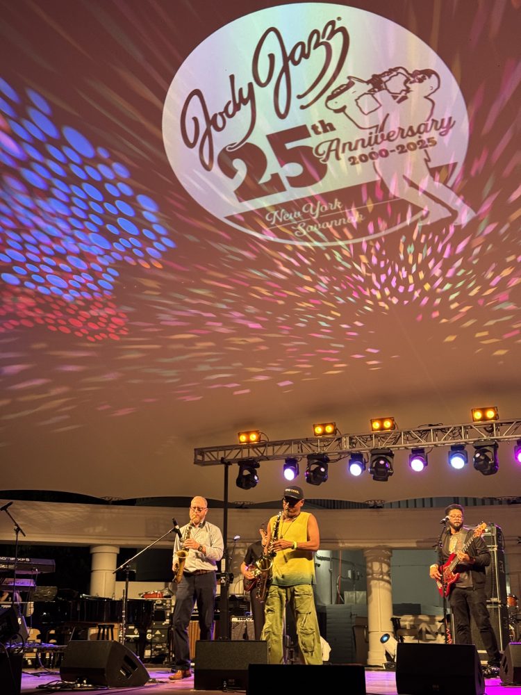 JodyJazz Founder & President Jody Espina joins Kirk Whalum on stage at the 2025 Savannah Jazz Festival to celebrate the company’s 25th Anniversary