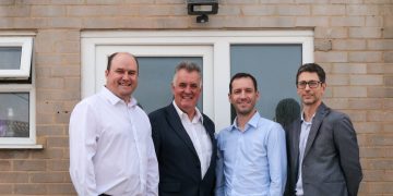 Steven Greenall (CEO, Denis Wick Products) / Stephen Wick (Retiring Board Chair, Denis Wick Products) / Francesco Passera (CEO, Music Center SRL) / Matteo Valagussa (CFO, Music Center SRL) at Denis Wick Products factory in Poole, Dorset, UK (5th August 2025)