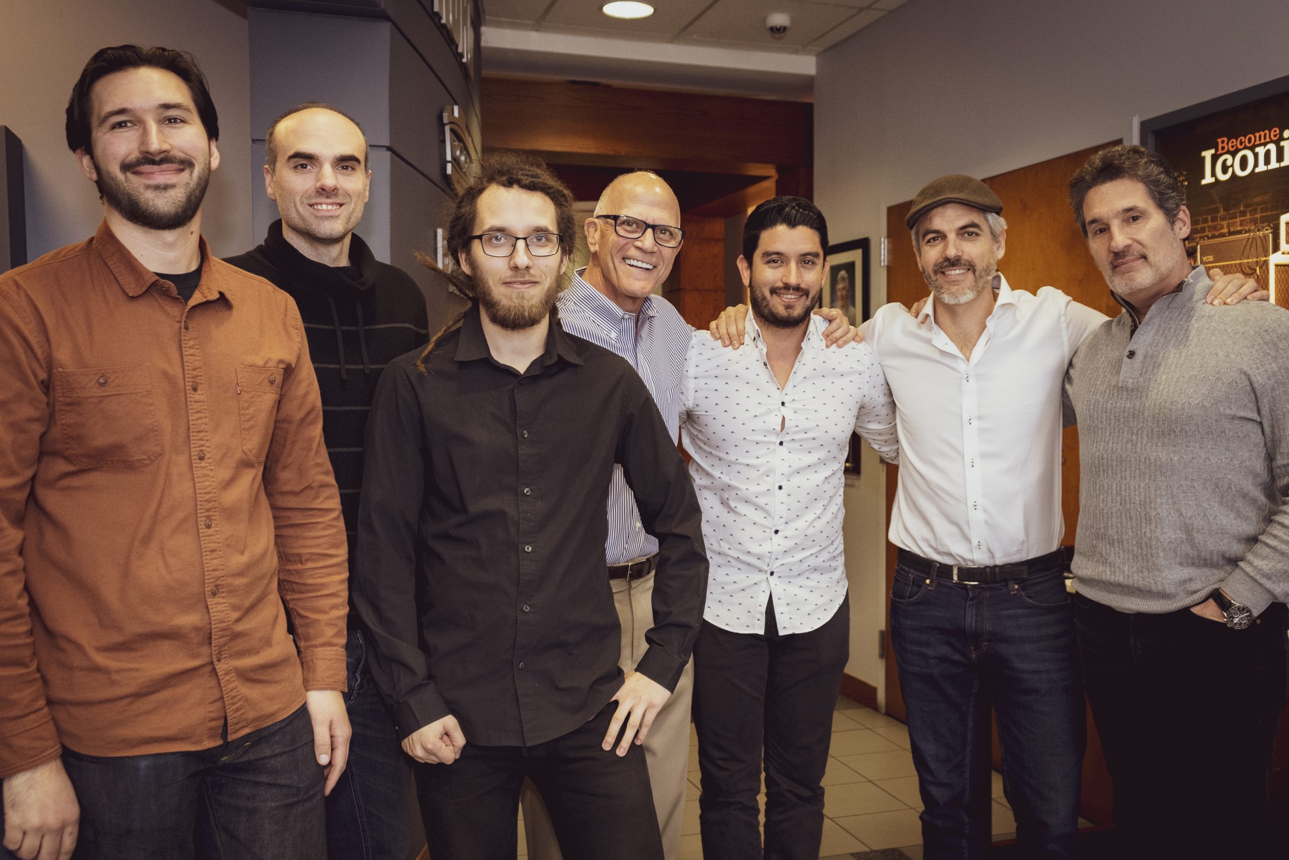 John Stippell, Product Manager for Guitar Brands at KORG USA, Brian Piccolo, Director of Guitar Brands at KORG USA, Tommi Otsavaara, Chief Technology Officer for Darkglass, Joe Castronovo, President of KORG USA, Hugo Villarroel, Co-owner of Darkglass, Marcos Barilatti, COO at Darkglass and Andy Rossi, Vice President of Sales and Marketing at KORG USA.