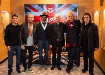 Nat Zilkha (Chairman, Gibson), Mark Agnesi (Director of Brand Experience, Gibson), Cesar Gueikian (President and CEO, Gibson, Jimmy Page, Sir Brian May, and Tony Iommi celebrate the opening of the Gibson Garage London on February 22, 2024. (Photo: Dave Hogan)