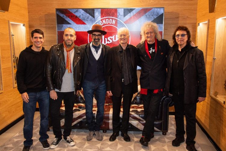 Nat Zilkha (Chairman, Gibson), Mark Agnesi (Director of Brand Experience, Gibson), Cesar Gueikian (President and CEO, Gibson, Jimmy Page, Sir Brian May, and Tony Iommi celebrate the opening of the Gibson Garage London on February 22, 2024. (Photo: Dave Hogan)