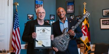 Paul Reed Smith and Governor Wes Moore: photo credit Stephanie Lemus/PRS Guitars