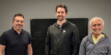 Pierre-Paul Gignac, Sales Support Specialist for Canada; Cameron. Wilkison Managing Director, d&b Canada and Francois Corbin, outgoing Managing Director, d&b Canada