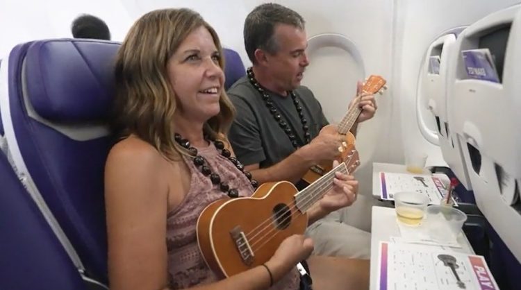 Guitar Center Lessons instructors taught passengers to play “Hello Aloha, How are you?” on their new ukuleles on the Southwest Airlines® flight from Long Beach to Honolulu, on Friday, September 16