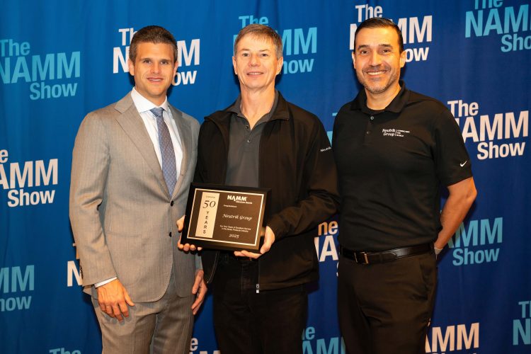 John Mlynczak, NAMM CEO and President,  Chris Neethling, President of Neutrik Americas, and Aníbal Sepúlveda, Director of Marketing, Neutrik Americas