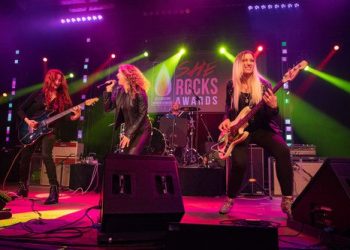 The Finale at the 2023 She Rocks Awards featuring guitarist Gretchen Menn, vocalist Laura Clapp, and bassist Holly West (Photo by Kevin Graft)