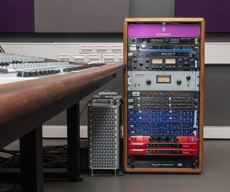 Equipment rack at Resonance, featuring Focusrite RedNet MP8R and AM2 interfaces