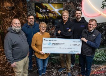 Derek Byrne, HL office manager; Chad Johnson, HL employee & teacher at B&G Club; Trish Dulka, HL VP Marketing comms; Brad Smith & Lewis Smith, Chad Smith Foundation; and Mark Knapp, assistant VP of Development at the Boys & Girls Clubs of Greater Milwaukee