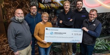 Derek Byrne, HL office manager; Chad Johnson, HL employee & teacher at B&G Club; Trish Dulka, HL VP Marketing comms; Brad Smith & Lewis Smith, Chad Smith Foundation; and Mark Knapp, assistant VP of Development at the Boys & Girls Clubs of Greater Milwaukee